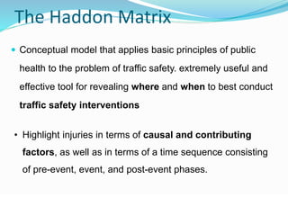 The Haddon Matrix 
 Conceptual model that applies basic principles of public 
health to the problem of traffic safety. extremely useful and 
effective tool for revealing where and when to best conduct 
traffic safety interventions 
• Highlight injuries in terms of causal and contributing 
factors, as well as in terms of a time sequence consisting 
of pre-event, event, and post-event phases. 
© WHO, 2007 
76│ 
 