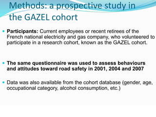 Methods: a prospective study in 
the GAZEL cohort 
 Participants: Current employees or recent retirees of the 
French national electricity and gas company, who volunteered to 
participate in a research cohort, known as the GAZEL cohort. 
 The same questionnaire was used to assess behaviours 
and attitudes toward road safety in 2001, 2004 and 2007 
 Data was also available from the cohort database (gender, age, 
occupational category, alcohol consumption, etc.) 
© WHO, 2007 
99│ 
 