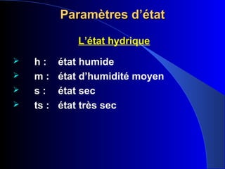 Paramètres d’étatParamètres d’état
L’état hydrique
 h : état humide
 m : état d’humidité moyen
 s : état sec
 ts : état très sec
 