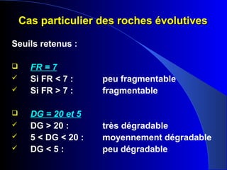Cas particulier des roches évolutivesCas particulier des roches évolutives
Seuils retenus :
 FR = 7
 Si FR < 7 : peu fragmentable
 Si FR > 7 : fragmentable
 DG = 20 et 5
 DG > 20 : très dégradable
 5 < DG < 20 : moyennement dégradable
 DG < 5 : peu dégradable
 