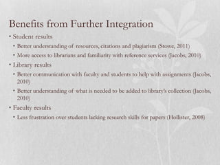 Benefits from Further Integration
• Student results
 • Better understanding of resources, citations and plagiarism (Stowe, 2011)
 • More access to librarians and familiarity with reference services (Jacobs, 2010)
• Library results
 • Better communication with faculty and students to help with assignments (Jacobs,
   2010)
 • Better understanding of what is needed to be added to library’s collection (Jacobs,
   2010)
• Faculty results
 • Less frustration over students lacking research skills for papers (Hollister, 2008)
 