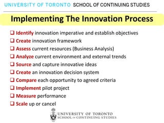Implementing The Innovation Process
 Identify innovation imperative and establish objectives
 Create innovation framework
 Assess current resources (Business Analysis)
 Analyze current environment and external trends
 Source and capture innovative ideas
 Create an innovation decision system
 Compare each opportunity to agreed criteria
 Implement pilot project
 Measure performance
 Scale up or cancel
 