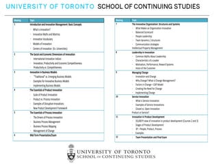 Meeting   Topic                                                     Meeting   Topic
1         Introduction and Innovation Management: Basic Concepts    7         The Innovative Organization: Structures and Systems
          · What is innovation?                                               · What Makes an Organization Innovative
                                                                              · Balanced Scorecard
          · Innovation Myths and Mantras                                      · People Leadership
          · Innovation Vocabulary                                             · Team dynamics / structures
          · Models of Innovation                                              · Communication strategies
          · Centers of innovation (Ex: Universities)                          Intellectual Property Management
                                                                    8         Leadership in Innovation
2         The Social and Economic Dimensions of Innovation
                                                                              · Common Myths About Leadership
          · International Innovation Indices                                  · Characteristics of a Leader
          · Innovation, Productivity and Economic Competitiveness             · Motivation, Performance, Reward Systems
          · Productivity vs. Competitiveness                                  · Voice of the Customer
3         Innovation in Business Models                             9         Managing Change
          · “Traditional” vs. Emerging Business Models                        · Innovation and Change
          · Examples for Innovative Business Models                           · Why Change? What is Change Management?
          · Implementing Business Models                                      · Factors in Change – CAP Model
4         The Essentials of Product Innovation                                · Creating the Need for Change
                                                                              · Implementing Change
          · Scale of Product Innovation                             10        Service Innovation
          · Product vs. Process Innovation                                    · What is Service Innovation
          · Examples of Disruptive Innovations                                · Examples of Service Innovations
          · New Product Development Framework                                 · Closed vs. Open Innovation
5         The Essentials of Process Innovation                                Product or Service?
          · The Drivers of Process Innovation                       11        Innovation in Product Development
          · Business Process Management                                       · 50,000 ft view of innovation in product development (Courses 2 and 3)
          · Business Process Mapping                                          · Stages of Product Development
                                                                              · 3P – People, Product, Process
          · Management of Change
                                                                              · Examples
6         Mid-Term Presentation/Exam                                12        · Team Presentation and Final Exam
 