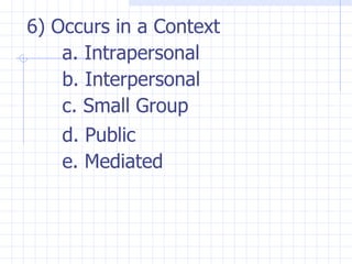 6) Occurs in a Context a. Intrapersonal b. Interpersonal c. Small Group d. Public e. Mediated 