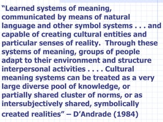 “ Learned systems of meaning, communicated by means of natural language and other symbol systems . . . and capable of creating cultural entities and particular senses of reality.  Through these systems of meaning, groups of people adapt to their environment and structure interpersonal activities . . . . Cultural meaning systems can be treated as a very large diverse pool of knowledge, or partially shared cluster of norms, or as intersubjectively shared, symbolically created realities” – D’Andrade (1984)   