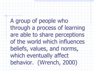 A group of people who through a process of learning are able to share perceptions of the world which influences beliefs, values, and norms, which eventually affect behavior.  (Wrench, 2000)   