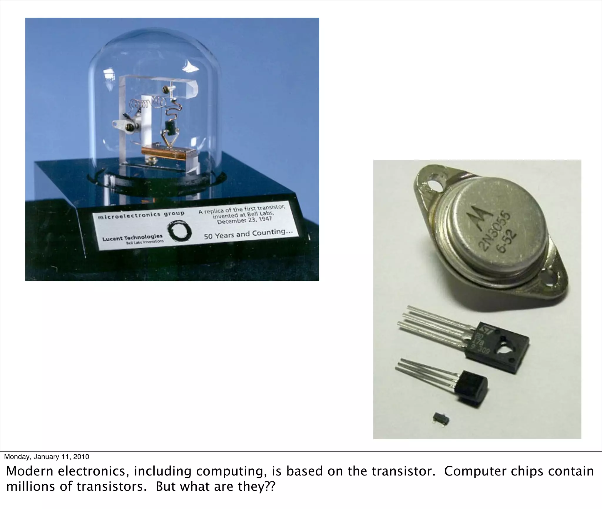 Monday, January 11, 2010

Modern electronics, including computing, is based on the transistor. Computer chips contain
millions of transistors. But what are they??
 