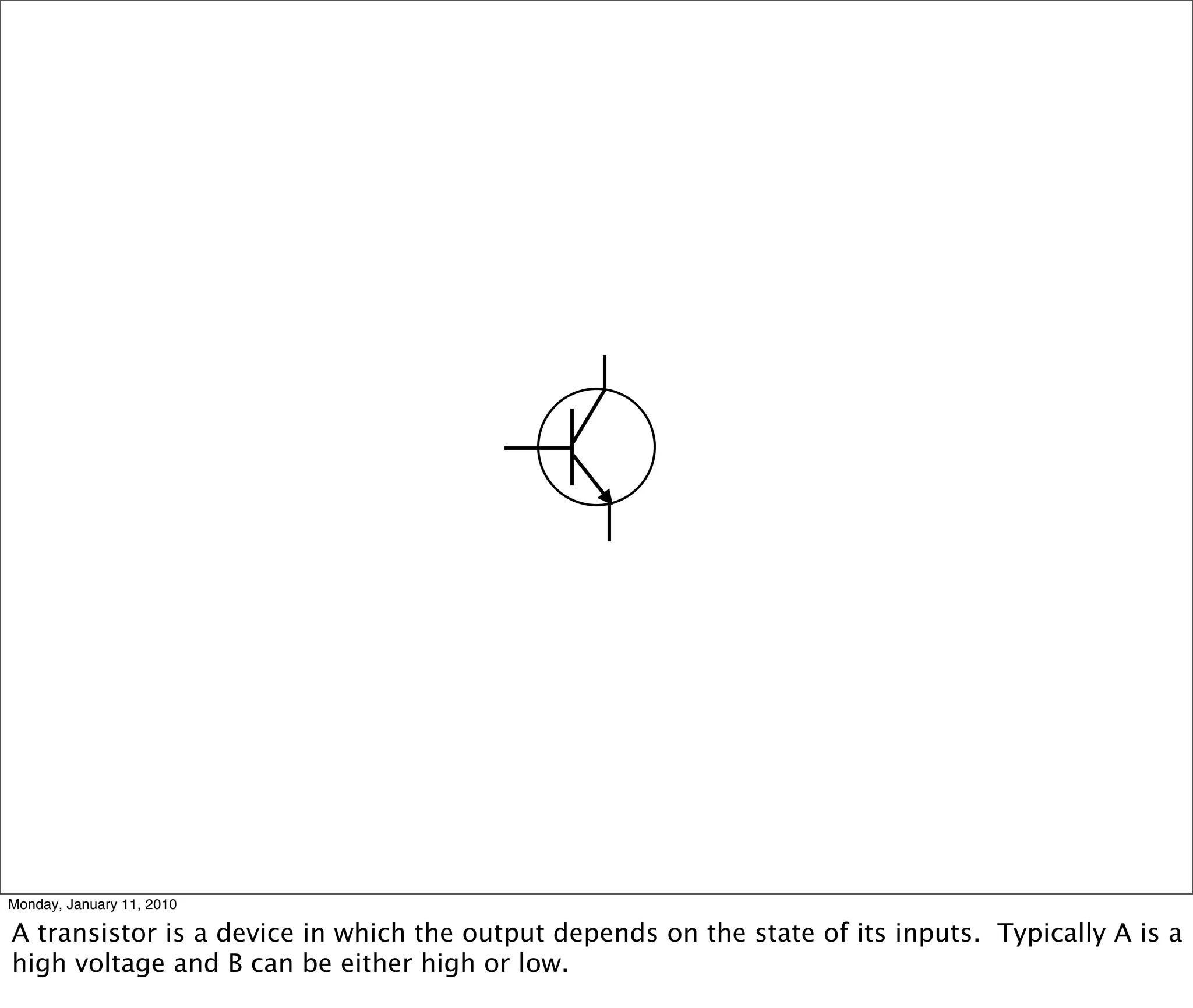 Monday, January 11, 2010

A transistor is a device in which the output depends on the state of its inputs. Typically A is a
high voltage and B can be either high or low.
 