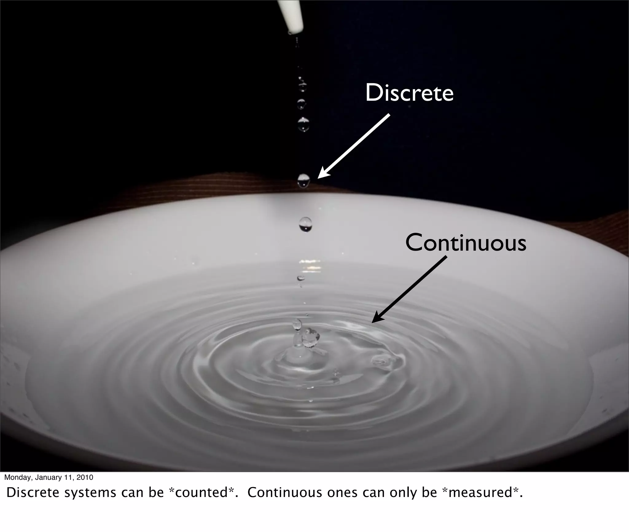 Discrete




                                                         Continuous




Monday, January 11, 2010

Discrete systems can be *counted*. Continuous ones can only be *measured*.
 
