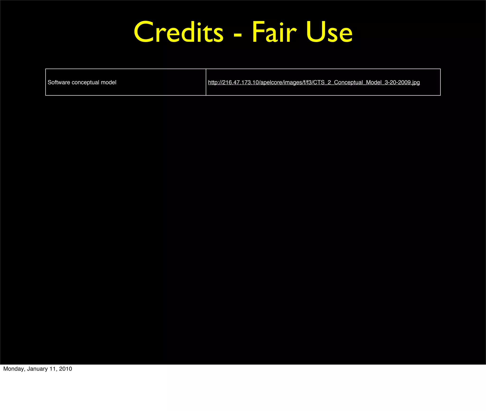 Credits - Fair Use
               Software conceptual model         http://216.47.173.10/apelcore/images/f/f3/CTS_2_Conceptual_Model_3-20-2009.jpg




Monday, January 11, 2010
 