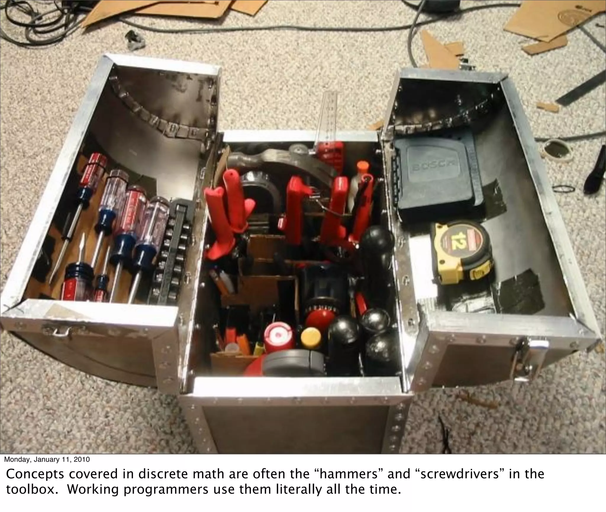 Monday, January 11, 2010

Concepts covered in discrete math are often the “hammers” and “screwdrivers” in the
toolbox. Working programmers use them literally all the time.
 