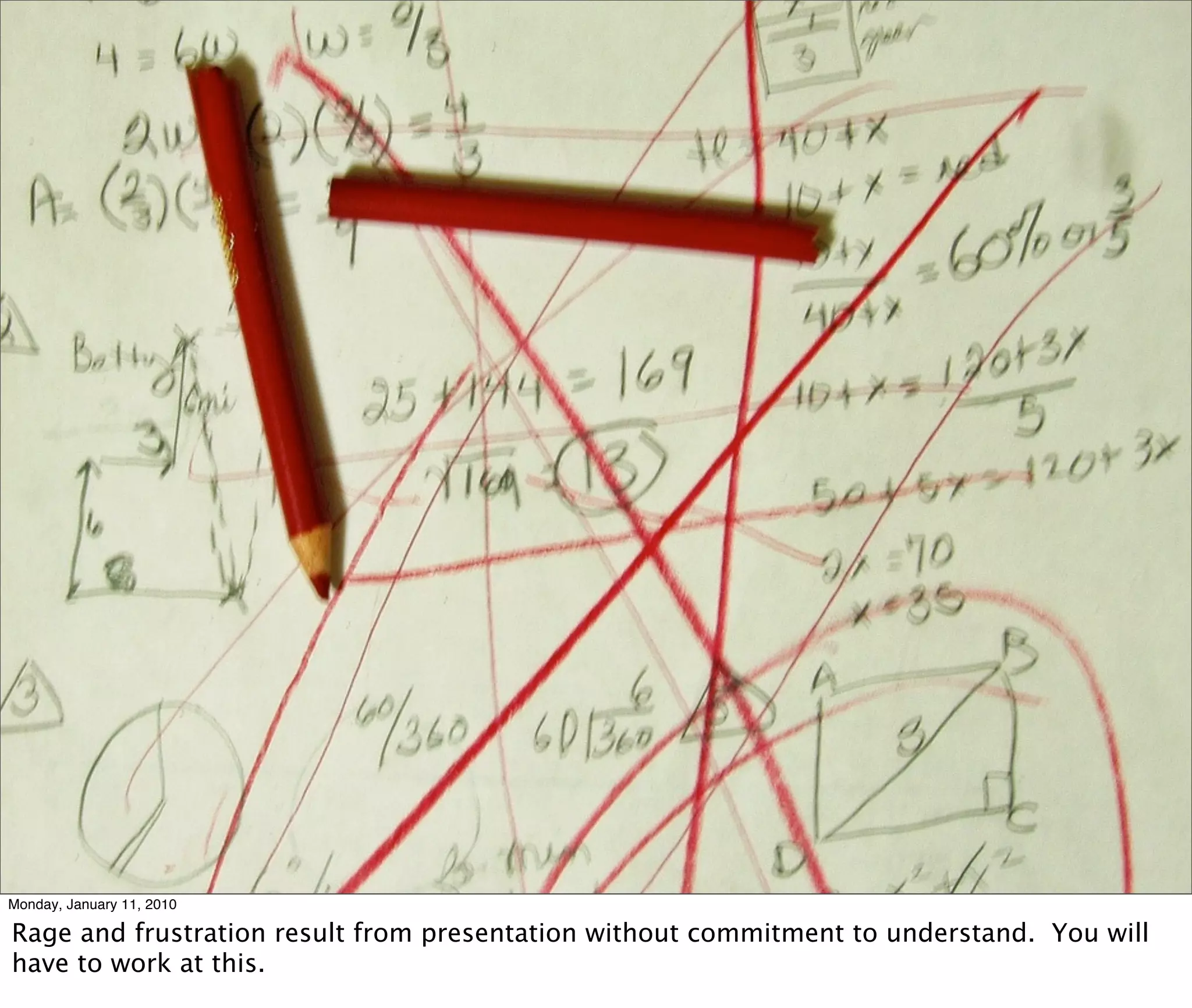 Monday, January 11, 2010

Rage and frustration result from presentation without commitment to understand. You will
have to work at this.
 