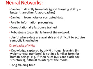 Neural Networks:
•Can learn directly from data (good learning ability –
better than other AI approaches)
•Can learn from n...