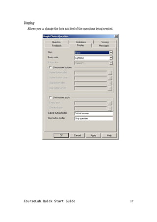 Display
Allows you to change the look and feel of the questions being created.
CourseLab Quick Start Guide 17
 