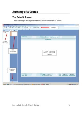 Anatomy of a Course
The Default Screen
Once created you will be presented with a default front screen as follows:
CourseLab Quick Start Guide 6
Course
Structure
Slide
Thumbnails
Template
Buttons
Toolbars
Main Editing
area
 