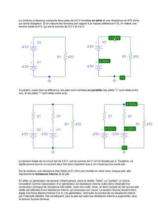 Le schéma ci-dessous comporte deux piles de 4,5 V montées en série et une résistance de 470 ohms 
qui est le récepteur. Si on mesure les tensions par rapport à la masse (référence 0 V), on relève une 
tension totale le 9 V, qui est la somme de 4,5 V et 4,5 V. 
A présent, notez bien la différence, les piles sont montées en parallèle (les pôles "+" sont reliés entre 
eux, et les pôles "-" sont reliés entre eux): 
La tension totale de ce circuit est de 4,5 V, soit la somme de V1 et V2 divisée par 2. Toutefois, ce 
dipôle pourra fournir un courant deux fois plus important que si on n'avait qu'une seule pile. 
Sur le schéma, une résistance très faible (0,01 ohm) est montée en série avec chaque pile: elle 
représente la résistance interne de la pile. 
En effet, un générateur de tension n'étant jamais, dans la réalité, "idéal", ou "parfait", on doit le 
considérer comme l'association d'un générateur de résistance interne nulle (donc idéal) et d'un 
conducteur ohmique de résistance très faible, mais non-nulle. Ainsi, on tient compte du fait qu'une pile 
réelle est affectée d'une résistance interne, qui provoque son usure. La tension fournie devient donc 
égale à la force électro-motrice (f.é.m.) du générateur, diminuée du produit de sa résistance interne 
par l'intensité débitée. Par conséquent, plus la pile est usée (sa résistance interne a augmenté), plus 
la tension fournie diminue. 
 