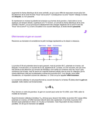 augmente le champ électrique de la zone centrale, ce qui a pour effet de repousser encore plus loin 
les électrons de la zone N et les trous de la zone P. Conséquence: la zone neutre s'élargit, la diode 
est bloquée, ou non passante. 
Si maintenant on inverse la polarité de la tension aux bornes de la jonction, c'est-à-dire si on lui 
applique une tension directe, supérieure à 0,7 V environ, on annule le champ électrique de la zone 
centrale (neutre), ce qui provoque le déplacement des charges négatives de la zone N vers les 
trous de la zone P: il y a donc circulation d'un courant électrique, la diode devient passante. 
Effet transistor et gain en courant 
Revenons au transistor et considérons le petit montage représenté sur le dessin ci-dessous. 
La jonction E-B est polarisée dans le sens passant, mais la jonction B-C, polarisée en inverse, est 
bloquée. Il circule donc un courant de E à B, appelons-le Ib. La base, on s'en souvient, est une zone 
très étroite et les électrons qui arrivent de l'émetteur vont certes se combiner avec les trous (peu 
nombreux) de la base, mais ils seront en majorité fortement attirés vers la zone du collecteur par le 
champ électrique créé par la polarisation inverse de la jonction B-C: il en résulte, sous l'effet 
d'avalanche, un important courant de collecteur, Ic. C'est ce qu'on appelle l'effet transistor. 
Le courant de collecteur Ic est proportionnel au courant de base Ib, le facteur ß (béta) étant le gain en 
courant. Cette relation est fondamentale: 
Ic = ß Ib 
Pour donner un ordre de grandeur, le gain en courant peut varier de 10 à 500, voire 1000, selon le 
modèle de transistor. 
Quand la tension collecteur-émetteur VCE diminue pour devenir très faible, la jonction B-C cesse d'être 
polarisée en inverse, et l'effet transistor décroît alors très rapidement. A la limite, la jonction B-C 
devient aussi polarisée en direct: on n'a plus un transistor, mais l'équivalent de deux diodes en 
parallèle. On dit que le transistor est saturé. 
 