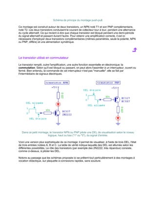 Schéma de principe du montage push-pull. 
Ce montage est construit autour de deux transistors, un NPN noté T1 et son PNP complémentaire, 
noté T2. Les deux transistors conduisent le courant de collecteur tour à tour, pendant une alternance 
du cycle alternatif. Ce qui revient à dire que chaque transistor est bloqué pendant une demi-période 
du signal alternatif et passant durant l'autre. Pour obtenir une amplification correcte, il est ici 
nécessaire d'employer deux transistors complémentaires (mêmes paramètres, seule la polarité, NPN 
ou PNP, diffère) et une alimentation symétrique. 
Le transistor utilisé en commutateur 
Le transistor remplit, outre l'amplification, une autre fonction essentielle en électronique: la 
commutation. Selon qu'il est bloqué ou passant, on peut alors l'assimiler à un interrupteur, ouvert ou 
fermé. Bien entendu, la commande de cet interrupteur n'est pas manuelle: elle se fait par 
l'intermédiaire de signaux électriques. 
Dans ce petit montage, le transistor NPN ou PNP pilote une DEL de visualisation selon le niveau 
logique, haut ou bas (1 ou 0), du signal d'entrée. 
Voici une version plus sophistiquée de ce montage: il permet de visualiser, à l'aide de trois DEL, l'état 
de trois entrées notées A, B et C. La table de vérité indique laquelle des DEL est allumée selon les 
différentes possibilités. Le rôle des transistors (par exemple des 2N2222, très répandus) consiste, 
comme ci-dessus, à piloter les DEL. 
Notons au passage que les schémas proposés ici se prêtent tout particulièrement à des montages à 
vocation didactique, sur plaquette à connexions rapides, sans soudure. 
 