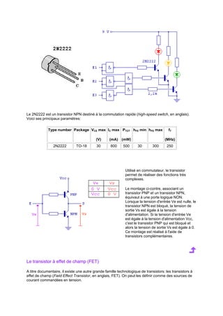 Le 2N2222 est un transistor NPN destiné à la commutation rapide (high-speed switch, en anglais). 
Voici ses principaux paramètres: 
Type number Package VCE max 
(V) 
IC max 
(mA) 
PTOT 
(mW) 
hFE min hFE max fT 
(MHz) 
2N2222 TO-18 30 800 500 30 300 250 
Utilisé en commutateur, le transistor 
permet de réaliser des fonctions très 
complexes. 
Le montage ci-contre, associant un 
transistor PNP et un transistor NPN, 
équivaut à une porte logique NON. 
Lorsque la tension d'entrée Ve est nulle, le 
transistor NPN est bloqué, la tension de 
sortie Vs est égale à la tension 
d'alimentation. Si la tension d'entrée Ve 
est égale à la tension d'alimentation Vcc, 
c'est le transistor PNP qui est bloqué et 
alors la tension de sortie Vs est égale à 0. 
Ce montage est réalisé à l'aide de 
transistors complémentaires. 
Le transistor à effet de champ (FET) 
A titre documentaire, il existe une autre grande famille technologique de transistors: les transistors à 
effet de champ (Field Effect Transistor, en anglais, FET). On peut les définir comme des sources de 
courant commandées en tension. 
 