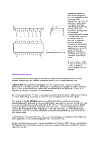 linéaires se présentent, 
dans la grande majorité 
des cas, sous la forme d'un 
minuscule boîtier 
rectangulaire noir, muni de 
broches, ou pattes (pins, 
en anglais), de chaque 
côté, d'où l'appellation DIL 
(Dual In Line). Une 
encoche en creux permet 
de déterminer 
l'emplacement de la broche 
1, qui se trouve à gauche 
de cette encoche. La 
broche 2 se trouve au 
dessous; les autres 
broches sont numérotées 
dans le sens inverse des 
aiguilles d'une montre. En 
principe, le nom du 
fabriquant et la référence 
du modèle sont imprimés 
sur la face supérieure du 
boîtier. 
Ci-contre, vues de profil, 
de face et du dessus d'un 
c.i. DIL 14. Notez la 
position de l'encoche de 
repérage. 
Familles technologiques 
L'évolution rapide des technologies de fabrication a engendré plusieurs générations de circuits 
intégrés, appartenant à des familles différentes et pas toujours compatibles entre elles... 
La famille TTL (Transistor-Transistor Logic), l'une des plus anciennes, réclame une tension 
d'alimentation de 5 volts exactement. Son temps de réponse (ou de propagation) est bon: de l'ordre 
de 10 ns pour la version standard. En revanche, sa consommation est importante (10 mW) et sa 
fréquence d'utilisation ne dépasse pas 25 MHz environ. 
De nombreuses variantes TTL sont ensuite apparues: la version L (low power, faible consommation), 
la version S (Schottky), plus rapide, la version LS (low Schottky), la version F (fast, rapide)... 
Plus récente, la famille CMOS (Complementary Metal-Oxid-Semiconductor) présente des 
caractéristiques plus flatteuses: une tension d'alimentation généralement comprise entre 3 et 18 volts 
et une consommation bien moindre, de l'ordre de 0,1 mW. Les inconvénients des premiers CMOS 
logiques (temps de commutation assez long, fréquence limitée...) furent bientôt corrigées sur les 
versions HC (High Speed) et HCT (High Speed CMOS TTL compatible), qui offrent des temps de 
réponse très courts (15 ns) et autorisent des fréquences élevées (50 MHz). De plus, l'immunité au 
bruit est très bonne. 
Les technologies les plus récentes (AL, AC, LV...), apparues depuis le début des années 1990, sont 
certes disponibles sur le marché grand public, mais encore onéreuses... 
Ajoutons que l'on distingue souvent les circuits intégrés dits linéaires (AOP...) et les circuits intégrés 
dits logiques. Ces derniers font appel, à la base, aux opérations de la logique booléenne. Nous en 
reparlerons bientôt... 
 