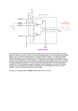 Le condensateur C se charge, via RA et RB. Lorsque la tension aux bornes de C atteint une valeur 
égale aux deux tiers de Vcc, la sortie du premier comparateur passe à 1 et commande la bascule (flip 
flop) sur set. La sortie de cette bascule qui, à l'origine, était à 0, passe à 1. La base du transistor 
NPN est alimentée, ce qui le rend passant. Ce transistor court-circuite alors le condensateur C en 
dérivant vers la masse son courant de charge. Le condensateur se décharge via la broche 7 et RB: la 
tension à ses bornes diminue. Lorsque celle-ci aura atteint une valeur égale au tiers de Vcc, la sortie 
du second comparateur passera à 1, ce qui actionnera la bascule (reset), dont la sortie passera 
aussitôt de 1 à 0. Conséquence: la base du transistor n'est plus alimentée, donc celui-ci n'est plus 
passant et ne s'oppose plus à la charge du condensateur. Le condensateur recommence de se 
charger et nous nous retrouvons dans la situation initiale. 
Simulons ce montage à l'aide de PSpice. Notre schéma sera le suivant: 
 