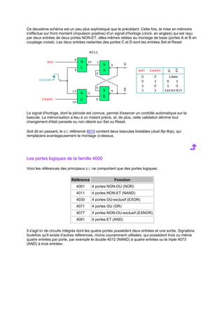 Ce deuxième schéma est un peu plus sophistiqué que le précédent. Cette fois, la mise en mémoire 
s'effectue sur front montant (impulsion positive) d'un signal d'horloge (clock, en anglais) qui est reçu 
par deux entrées de deux portes NON-ET, elles-mêmes reliées au montage de base (portes A et B en 
couplage croisé). Les deux entrées restantes des portes C et D sont les entrées Set et Reset. 
Le signal d'horloge, dont la période est connue, permet d'exercer un contrôle automatique sur la 
bascule. La mémorisation a lieu à un instant précis, et, de plus, cette validation élimine tout 
changement d'état parasite ou non désiré sur Set ou Reset. 
Soit dit en passant, le c.i. référencé 4013 contient deux bascules bistables (dual flip-flop), qui 
remplacera avantageusement le montage ci-dessus. 
Les portes logiques de la famille 4000 
Voici les références des principaux c.i. ne comportant que des portes logiques: 
Référence Fonction 
4001 4 portes NON-OU (NOR) 
4011 4 portes NON-ET (NAND) 
4030 4 portes OU-exclusif (EXOR) 
4071 4 portes OU (OR) 
4077 4 portes NON-OU-exclusif (EXNOR) 
4081 4 portes ET (AND) 
Il s'agit ici de circuits intégrés dont les quatre portes possèdent deux entrées et une sortie. Signalons 
toutefois qu'il existe d'autres références, moins couramment utilisées, qui possèdent trois ou même 
quatre entrées par porte, par exemple le double 4012 (NAND) à quatre entrées ou le triple 4073 
(AND) à trois entrées: 
 