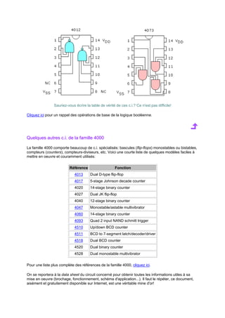 Sauriez-vous écrire la table de vérité de ces c.i.? Ce n'est pas difficile! 
Cliquez ici pour un rappel des opérations de base de la logique booléenne. 
Quelques autres c.i. de la famille 4000 
La famille 4000 comporte beaucoup de c.i. spécialisés: bascules (flip-flops) monostables ou bistables, 
compteurs (counters), compteurs-diviseurs, etc. Voici une courte liste de quelques modèles faciles à 
mettre en oeuvre et couramment utilisés: 
Référence Fonction 
4013 Dual D-type flip-flop 
4017 5-stage Johnson decade counter 
4020 14-stage binary counter 
4027 Dual JK flip-flop 
4040 12-stage binary counter 
4047 Monostable/astable multivibrator 
4060 14-stage binary counter 
4093 Quad 2 input NAND schmitt trigger 
4510 Up/down BCD counter 
4511 BCD to 7-segment latch/decoder/driver 
4518 Dual BCD counter 
4520 Dual binary counter 
4528 Dual monostable multivibrator 
Pour une liste plus complète des références de la famille 4000, cliquez ici. 
On se reportera à la data sheet du circuit concerné pour obtenir toutes les informations utiles à sa 
mise en oeuvre (brochage, fonctionnement, schéma d'application...). Il faut le répéter, ce document, 
aisément et gratuitement disponible sur Internet, est une véritable mine d'or! 
 