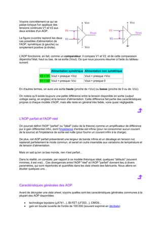 Voyons concrètement ce qui se 
passe lorsque l'on applique des 
tensions continues V1 et V2 aux 
deux entrées d'un AOP. 
La figure ci-contre reprend les deux 
cas possibles d'alimentation de 
l'AOP, symétrique (à gauche) ou 
simplement positive (à droite). 
L'AOP fonctionne, en fait, comme un comparateur: il compare V1 et V2, et de cette comparaison 
dépendra l'état, haut ou bas, de sa sortie (Vout). Ce que nous pouvons résumer à l'aide du tableau 
suivant: 
Alimentation symétrique Alimentation non symétrique 
V2  V1 Vout = presque +Vcc Vout = presque +Vcc 
V1  V2 Vout = presque -Vcc Vout = presque 0 
En d'autres termes, on aura une sortie haute (proche de +Vcc) ou basse (proche de 0 ou de -Vcc). 
On notera qu'il existe toujours une petite différence entre la tension disponible en sortie (output 
voltage swing, en anglais) et la tension d'alimentation. Cette différence fait partie des caractéristiques 
propres à chaque modèle d'AOP, mais elle reste en général très faible, voire quasi négligeable. 
L'AOP parfait et l'AOP réel 
On pourrait définir l'AOP parfait ou idéal (celui de la théorie) comme un amplificateur de différence 
pur à gain différentiel infini, dont l'impédance d'entrée est infinie (pour ne consommer aucun courant 
de la source) et l'impédance de sortie est nulle (pour fournir un courant infini à la charge). 
De plus, cet AOP parfait présenterait une largeur de bande infinie et un décalage en tension nul, 
rejeterait parfaitement le mode commun, et serait en outre insensible aux variations de température et 
de tension d'alimentation. 
Mais on sait qu'en ce bas monde, rien n'est parfait... 
Dans la réalité, on constate, par rapport à ce modèle théorique idéal, quelques défauts (souvent 
minimes, il est vrai)... Ces divergences entre l'AOP réel et l'AOP parfait donnent lieu à divers 
paramètres, qui sont répertoriés et quantifiés dans les data sheets des fabricants. Nous allons en 
étudier quelques uns... 
Caractéristiques générales des AOP 
Avant de décrypter une data sheet, voyons quelles sont les caractéristiques générales communes à la 
plupart des AOP disponibles: 
· technologie bipolaire (μA741...), BI-FET (LF353...), CMOS... 
· gain en boucle ouverte de l'ordre de 100.000 (souvent exprimé en décibels) 
 