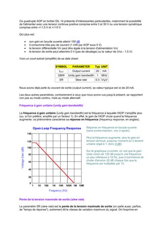 Ce quadruple AOP en boîtier DIL 14 présente d'intéressantes particularités, notamment la possibilité 
de l'alimenter avec une tension continue positive comprise entre 3 et 30 V ou une tension symétrique 
comprise entre +/-1,5 V et +/-15 V. 
Qui plus est: 
· son gain en boucle ouverte atteint 100 dB 
· il consomme très peu de courant (1 mW par AOP sous 5 V) 
· la tension différentielle Vin peut être égale à la tension d'alimentation Vcc 
· la tension de sortie peut atteindre 0 V (pas de décalage) ou la valeur de (Vcc - 1,5 V) 
Voici un court extrait (simplifié) de sa data sheet: 
SYMBOL PARAMETER Typ UNIT 
IOUT Output current 20 mA 
GBW Unity gain bandwidth 1 MHz 
SR Slew rate 0,3 V/μV 
Nous avons déjà parlé du courant de sortie (output current), sa valeur typique est ici de 20 mA. 
Les deux autres paramètres, contrairement à ceux que nous avons vus jusqu'à présent, se rapportent 
non pas au mode continu, mais au mode alternatif. 
Fréquence à gain unitaire (unity gain bandwidth) 
La fréquence à gain unitaire (unity gain bandwidth) est la fréquence à laquelle l'AOP n'amplifie plus 
(ou, si l'on préfère, amplifie par un facteur 1). En effet, le gain de l'AOP chute quand la fréquence 
augmente: ce phénomène caractérise sa réponse en fréquence (frequency response, en anglais). 
Réponse en fréquence en boucle ouverte 
(sans contre-réaction, voir ci-après). 
Plus la fréquence augmente, plus le gain en 
tension diminue, jusqu'au moment où il devient 
unitaire (égal à 1, donc 0 dB). 
Sur le graphique ci-contre, on voit que le gain 
reste voisin de 120 dB jusqu'à une fréquence 
un peu inférieure à 10 Hz, puis il commence de 
chuter d'environ 20 dB chaque fois que la 
fréquence est multipliée par 10. 
Pente de la tension maximale de sortie (slew rate) 
Le paramètre SR (slew rate) est la pente de la tension maximale de sortie (on parle aussi, parfois, 
de temps de réponse), autrement dit la vitesse de variation maximum du signal. On l'exprime en 
 