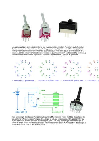 Les commutateurs sont assez similaires aux inverseurs: ils permettent l'ouverture ou la fermeture 
d'un ou plusieurs circuits, mais aussi de choisir, pour un circuit donné, entre différentes positions, 
correspondant à différentes branches. Le plus classique reste sans doute le modèle rotatif à 12 
positions, dont le prix avoisine les 3 euros. Il existe en quatre versions: 1 seul circuit à 12 positions, 2 
circuits distincts avec chacun 6 positions, 3 circuits à 4 positions ou 4 circuits à 3 positions. 
Voici un exemple de câblage d'un commutateur rotatif à 2 circuits (notés A et B) à 6 positions. Sur 
les positions 1/7, le montage n'est pas alimenté par la pile, ce qui correspond à la position OFF ou 
HORS SERVICE. Sur les positions suivantes (2/8, 3/9, 4/10, etc.), le montage est alimenté par le 
circuit B, tandis qu'une résistance (R1 à R5) est insérée dans le circuit A. Avec ce type de câblage, le 
commutateur joue aussi le rôle d'interrupteur. 
 