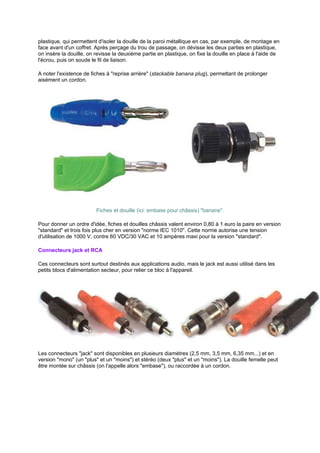 plastique, qui permettent d'isoler la douille de la paroi métallique en cas, par exemple, de montage en 
face avant d'un coffret. Après perçage du trou de passage, on dévisse les deux parties en plastique, 
on insère la douille, on revisse la deuxième partie en plastique, on fixe la douille en place à l'aide de 
l'écrou, puis on soude le fil de liaison. 
A noter l'existence de fiches à reprise arrière (stackable banana plug), permettant de prolonger 
aisément un cordon. 
Fiches et douille (ici: embase pour châssis) banane. 
Pour donner un ordre d'idée, fiches et douilles châssis valent environ 0,80 à 1 euro la paire en version 
standard et trois fois plus cher en version norme IEC 1010. Cette norme autorise une tension 
d'utilisation de 1000 V, contre 60 VDC/30 VAC et 10 ampères maxi pour la version standard. 
Connecteurs jack et RCA 
Ces connecteurs sont surtout destinés aux applications audio, mais le jack est aussi utilisé dans les 
petits blocs d'alimentation secteur, pour relier ce bloc à l'appareil. 
Les connecteurs jack sont disponibles en plusieurs diamètres (2,5 mm, 3,5 mm, 6,35 mm...) et en 
version mono (un plus et un moins) et stéréo (deux plus et un moins). La douille femelle peut 
être montée sur châssis (on l'appelle alors embase), ou raccordée à un cordon. 
 