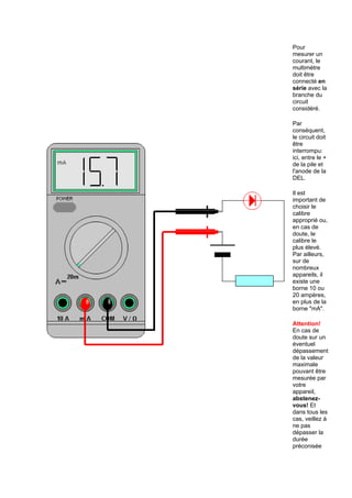 Pour 
mesurer un 
courant, le 
multimètre 
doit être 
connecté en 
série avec la 
branche du 
circuit 
considéré. 
Par 
conséquent, 
le circuit doit 
être 
interrompu: 
ici, entre le + 
de la pile et 
l'anode de la 
DEL. 
Il est 
important de 
choisir le 
calibre 
approprié ou, 
en cas de 
doute, le 
calibre le 
plus élevé. 
Par ailleurs, 
sur de 
nombreux 
appareils, il 
existe une 
borne 10 ou 
20 ampères, 
en plus de la 
borne mA. 
Attention! 
En cas de 
doute sur un 
éventuel 
dépassement 
de la valeur 
maximale 
pouvant être 
mesurée par 
votre 
appareil, 
abstenez-vous! 
Et 
dans tous les 
cas, veillez à 
ne pas 
dépasser la 
durée 
préconisée 
 
