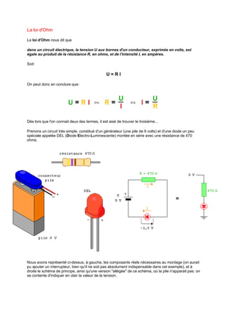 La loi d'Ohm 
La loi d'Ohm nous dit que 
dans un circuit électrique, la tension U aux bornes d'un conducteur, exprimée en volts, est 
égale au produit de la résistance R, en ohms, et de l'intensité I, en ampères. 
Soit: 
U = R I 
On peut donc en conclure que: 
Dès lors que l'on connait deux des termes, il est aisé de trouver le troisième... 
Prenons un circuit très simple, constitué d'un générateur (une pile de 9 volts) et d'une diode un peu 
spéciale appelée DEL (Diode Electro-Luminescente) montée en série avec une résistance de 470 
ohms. 
Nous avons représenté ci-dessus, à gauche, les composants réels nécessaires au montage (on aurait 
pu ajouter un interrupteur, bien qu'il ne soit pas absolument indispensable dans cet exemple), et à 
droite le schéma de principe, ainsi qu'une version "allégée" de ce schéma, où la pile n'apparait pas: on 
se contente d'indiquer en clair la valeur de la tension. 
 