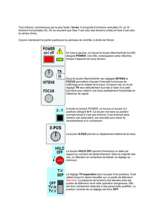 Tout d'abord, commençons par le plus facile: l'écran. Il comporte 8 divisions verticales (Y), et 10 
divisions horizontales (X). On se souvient que l'axe Y est celui des tensions (volts) et l'axe X est celui 
du temps (time). 
Voyons maintenant la partie supérieure du panneau de contrôle, à droite de l'écran. 
En haut à gauche, on trouve le bouton Marche/Arrêt (on/off), 
désigné POWER. Une DEL rectangulaire verte s'illumine 
lorsque l'appareil est sous tension. 
Sous le bouton Marche/Arrêt, les réglages INTENS et 
FOCUS permettent d'ajuster l'intensité lumineuse de 
l'affichage et la netteté de la trace. Si besoin est, la vis de 
réglage TR sera délicatement tournée à l'aide d'un petit 
tournevis pour obtenir une trace parfaitement horizontale en 
l'absence de signal. 
A droite du bouton POWER, on trouve un bouton à 2 
positions désigné X-Y. Ce bouton est dans sa position 
normale lorsqu'il n'est pas enfoncé. Il est enfoncé dans 
certains cas particuliers, par exemple pour tracer la 
caractéristique d'un composant. 
Le bouton X-POS permet un déplacement latéral de la trace. 
Le bouton HOLD OFF permet d'introduire un délai par 
rapport au moment de déclenchement. Dans la majorité des 
cas, un débutant se contentera de laisser ce réglage au 
minimum. 
Le réglage TV-separation peut occuper trois positions. Il est 
utilisé lorsqu'on désire travailler sur un poste de télévision. 
Attention! La présence de tensions très élevées dans les 
postes de télévision rend cette opération dangereuse. Elle 
est donc strictement réservée à des personnels qualifiés. La 
position correcte de ce réglage est donc OFF. 
 