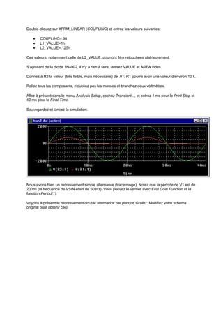 Double-cliquez sur XFRM_LINEAR (COUPLING) et entrez les valeurs suivantes: 
· COUPLING=.98 
· L1_VALUE=1h 
· L2_VALUE=.125h 
Ces valeurs, notamment celle de L2_VALUE, pourront être retouchées ultérieurement. 
S'agissant de la diode 1N4002, il n'y a rien à faire, laissez VALUE et AREA vides. 
Donnez à R2 la valeur (très faible, mais nécessaire) de .01; R1 pourra avoir une valeur d'environ 10 k. 
Reliez tous les composants, n'oubliez pas les masses et branchez deux voltmètres. 
Allez à présent dans le menu Analysis Setup, cochez Transient..., et entrez 1 ms pour le Print Step et 
40 ms pour le Final Time. 
Sauvegardez et lancez la simulation: 
Nous avons bien un redressement simple alternance (trace rouge). Notez que la période de V1 est de 
20 ms (la fréquence de VSIN étant de 50 Hz). Vous pouvez le vérifier avec Eval Goal Function et la 
fonction Period(1). 
Voyons à présent le redressement double alternance par pont de Graëtz. Modifiez votre schéma 
original pour obtenir ceci: 
 