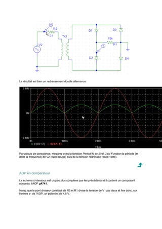 Le résultat est bien un redressement double alternance: 
Par acquis de conscience, mesurez avec la fonction Period(1) de Eval Goal Function la période (et 
donc la fréquence) de V2 (trace rouge) puis de la tension redressée (trace verte). 
AOP en comparateur 
Le schéma ci-dessous est un peu plus complexe que les précédents et il contient un composant 
nouveau: l'AOP μA741. 
Notez que le pont diviseur constitué de R5 et R1 divise la tension de V1 par deux et fixe donc, sur 
l'entrée e- de l'AOP, un potentiel de 4,5 V. 
 