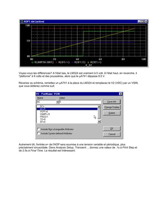 Voyez-vous les différences? A l'état bas, le LM324 est vraiment à 0 volt. A l'état haut, en revanche, il 
plafonne à 8 volts et des poussières, alors que le μA741 dépasse 8,5 V. 
Revenez au schéma, remettez un μA741 à la place du LM324 et remplacez le V2 (VDC) par un VSIN, 
que vous éditerez comme suit: 
Autrement dit, l'entrée e+ de l'AOP sera soumise à une tension variable et périodique, plus 
précisément sinusoïdale. Dans Analysis Setup, Transient..., donnez une valeur de .1s à Print Step et 
de 2.5s à Final Time. Le résultat est intéressant: 
 