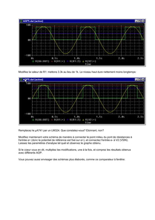 Modifiez la valeur de R1: mettons 3.3k au lieu de 1k. Le niveau haut dure nettement moins longtemps: 
Remplacez le μA741 par un LM324. Que constatez-vous? Etonnant, non? 
Modifiez maintenant votre schéma de manière à connecter le point milieu du pont de résistances à 
l'entrée e+ (donc le potentiel de référence est fixé sur e+), et connectez l'entrée e- à V2 (VSIN). 
Laissez les paramètres d'analyse tel quel et observez le graphe obtenu. 
Si le coeur vous en dit, multipliez les modifications, une à la fois, et comprez les résultats obtenus 
avec différents AOP. 
Vous pouvez aussi envisager des schémas plus élaborés, comme ce comparateur à fenêtre: 
 