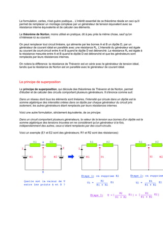 La formulation, certes, n'est guère poétique... L'intérêt essentiel de ce théorème réside en ceci qu'il 
permet de remplacer un montage complexe par un générateur de tension équivalent avec sa 
résistance interne équivalente et de calculer ces éléments. 
Le théorème de Norton, moins utilisé en pratique, dit à peu près la même chose, sauf qu'on 
s'intéresse ici au courant: 
On peut remplacer tout circuit linéaire, qui alimente par les bornes A et B un dipôle D, par un 
générateur de courant idéal en parallèle avec une résistance Rn. L'intensité du générateur est égale 
au courant de court-circuit entre A et B quand le dipôle D est débranché. La résistance Rn est égale à 
la résistance mesurée entre A et B quand le dipôle D est débranché et que les générateurs sont 
remplacés par leurs résistances internes. 
On notera la différence: la résistance de Thévenin est en série avec le générateur de tension idéal, 
tandis que la résistance de Norton est en parallèle avec le générateur de courant idéal. 
Le principe de superposition 
Le principe de superposition, qui découle des théorèmes de Thévenin et de Norton, permet 
d'étudier et de calculer des circuits comportant plusieurs générateurs. Il s'énonce comme suit: 
Dans un réseau dont tous les éléments sont linéaires, l'intensité qui circule dans un dipôle est la 
somme algébrique des intensités créées dans ce dipôle par chaque générateur du circuit pris 
isolement, les autres générateurs étant remplacés par leurs résistances internes. 
Voici une autre formulation, strictement équivalente, de ce principe: 
Dans un circuit comportant plusieurs générateurs, la valeur de la tension aux bornes d'un dipôle est la 
somme algébrique des tensions trouvées en ne considérant qu'un générateur à la fois, 
indépendamment des autres, ceux-ci étant remplacés par des court-circuits. 
Voici un exemple (E1 et E2 sont des générateurs; R1 et R2 sont des résistances): 
 