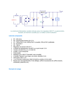 Le schéma de l'alimentation variable s'articule autour d'un régulateur LM317T. Le galvanomètre, 
facultatif, est fortement conseillé pour un meilleur confort d'utilisation. 
Liste des composants 
· R1 : 220 ohms 
· R2 : potentiomètre linéaire (A) 4,7 K 
· C1 : 1000 μF/40 V mini, 2200 μF/40 V conseillé, 4700 μF/40 V préférable 
· C2 : 25 μF/25 V 
· C3 : 100 nF 
· Régulateur de tension LM 317 T 
· 4 diodes de redressement 1N 4007 ou un pont moulé 1,5 A 
· Transfo: 24 V/24 VA ou 2 x 12 V/24 VA 
· Fusible : 0,25 A temporisé 
· Porte-fusible 
· Radiateur pour LM317T (facultatif, mais conseillé) 
· 2 douilles banane (une rouge, une noire), diamètre 4 mm 
· Interrupteur 220 V, 2 A 
· 1 ou 2 borniers 2 plots (pour relier le transfo au secteur et à la carte) 
· Bouton pour axe potentiomètre, fil de câblage, coffret et accessoires de coffret (visserie, 
entretoises, passe-fils, etc.) 
Exemple de routage 
 