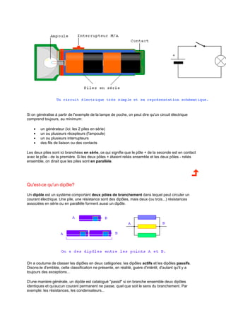 Si on généralise à partir de l'exemple de la lampe de poche, on peut dire qu'un circuit électrique 
comprend toujours, au minimum: 
· un générateur (ici: les 2 piles en série) 
· un ou plusieurs récepteurs (l'ampoule) 
· un ou plusieurs interrupteurs 
· des fils de liaison ou des contacts 
Les deux piles sont ici branchées en série, ce qui signifie que le pôle + de la seconde est en contact 
avec le pôle - de la première. Si les deux pôles + étaient reliés ensemble et les deux pôles - reliés 
ensemble, on dirait que les piles sont en parallèle. 
Qu'est-ce qu'un dipôle? 
Un dipôle est un système comportant deux pôles de branchement dans lequel peut circuler un 
courant électrique. Une pile, une résistance sont des dipôles, mais deux (ou trois...) résistances 
associées en série ou en parallèle forment aussi un dipôle. 
On a coutume de classer les dipôles en deux catégories: les dipôles actifs et les dipôles passifs. 
Disons-le d'emblée, cette classification ne présente, en réalité, guère d'intérêt, d'autant qu'il y a 
toujours des exceptions... 
D'une manière générale, un dipôle est catalogué "passif" si on branche ensemble deux dipôles 
identiques et qu'aucun courant permanent ne passe, quel que soit le sens du branchement. Par 
exemple: les résistances, les condensateurs... 
 