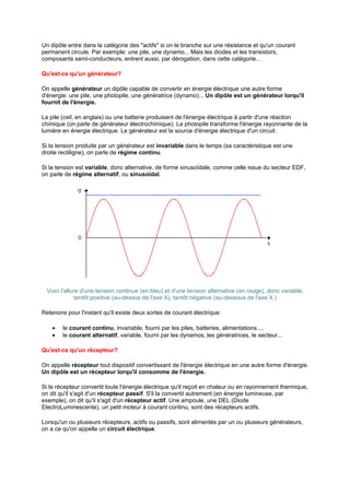 Un dipôle entre dans la catégorie des "actifs" si on le branche sur une résistance et qu'un courant 
permanent circule. Par exemple: une pile, une dynamo... Mais les diodes et les transistors, 
composants semi-conducteurs, entrent aussi, par dérogation, dans cette catégorie... 
Qu'est-ce qu'un générateur? 
On appelle générateur un dipôle capable de convertir en énergie électrique une autre forme 
d'énergie: une pile, une photopile, une génératrice (dynamo)... Un dipôle est un générateur lorqu'il 
fournit de l'énergie. 
La pile (cell, en anglais) ou une batterie produisent de l'énergie électrique à partir d'une réaction 
chimique (on parle de générateur électrochimique). La photopile transforme l'énergie rayonnante de la 
lumière en énergie électrique. Le générateur est la source d'énergie électrique d'un circuit. 
Si la tension produite par un générateur est invariable dans le temps (sa caractéristique est une 
droite rectiligne), on parle de régime continu. 
Si la tension est variable, donc alternative, de forme sinusoïdale, comme celle issue du secteur EDF, 
on parle de régime alternatif, ou sinusoïdal. 
Voici l'allure d'une tension continue (en bleu) et d'une tension alternative (en rouge), donc variable, 
tantôt positive (au-dessus de l'axe X), tantôt négative (au-dessous de l'axe X.) 
Retenons pour l'instant qu'il existe deux sortes de courant électrique: 
· le courant continu, invariable, fourni par les piles, batteries, alimentations..., 
· le courant alternatif, variable, fourni par les dynamos, les génératrices, le secteur... 
Qu'est-ce qu'un récepteur? 
On appelle récepteur tout dispositif convertissant de l'énergie électrique en une autre forme d'énergie. 
Un dipôle est un récepteur lorqu'il consomme de l'énergie. 
Si le récepteur convertit toute l'énergie électrique qu'il reçoit en chaleur ou en rayonnement thermique, 
on dit qu'il s'agit d'un récepteur passif. S'il la convertit autrement (en énergie lumineuse, par 
exemple), on dit qu'il s'agit d'un récepteur actif. Une ampoule, une DEL (Diode 
ElectroLuminescente), un petit moteur à courant continu, sont des récepteurs actifs. 
Lorsqu'un ou plusieurs récepteurs, actifs ou passifs, sont alimentés par un ou plusieurs générateurs, 
on a ce qu'on appelle un circuit électrique. 
 