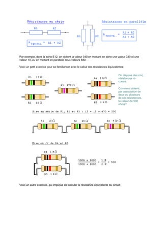 Par exemple, dans la série E12, on obtient la valeur 340 en mettant en série une valeur 330 et une 
valeur 10, ou en mettant en parallèle deux valeurs 680. 
Voici un petit exercice pour se familiariser avec le calcul des résistances équivalentes: 
On dispose des cinq 
résistances ci-contre. 
Comment obtenir, 
par association de 
deux ou plusieurs 
de ces résistances, 
la valeur de 500 
ohms? 
Voici un autre exercice, qui implique de calculer la résistance équivalente du circuit: 
 
