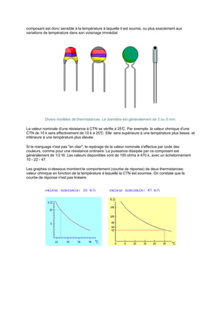 composant est donc sensible à la température à laquelle il est soumis, ou plus exactement aux 
variations de température dans son voisinage immédiat. 
Divers modèles de thermistances. Le diamètre est généralement de 3 ou 5 mm. 
La valeur nominale d'une résistance à CTN se vérifie à 25°C. Par exemple, la valeur ohmique d'une 
CTN de 10 k sera effectivement de 10 k à 25°C. Elle sera supérieure à une température plus basse, et 
inférieure à une température plus élevée. 
Si le marquage n'est pas en clair, le repérage de la valeur nominale s'effectue par code des 
couleurs, comme pour une résistance ordinaire. La puissance dissipée par ce composant est 
généralement de 1/2 W. Les valeurs disponibles vont de 100 ohms à 470 k, avec un échelonnement 
10 - 22 - 47. 
Les graphes ci-dessous montrent le comportement (courbe de réponse) de deux thermistances: 
valeur ohmique en fonction de la température à laquelle la CTN est soumise. On constate que la 
courbe de réponse n'est pas linéaire. 
 