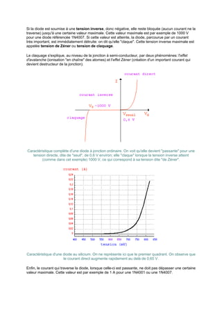 Si la diode est soumise à une tension inverse, donc négative, elle reste bloquée (aucun courant ne la 
traverse) jusqu'à une certaine valeur maximale. Cette valeur maximale est par exemple de 1000 V 
pour une diode référencée 1N4007. Si cette valeur est atteinte, la diode, parcourue par un courant 
très important, est immédiatement détruite: on dit qu'elle claque. Cette tension inverse maximale est 
appelée tension de Zéner ou tension de claquage. 
Le claquage s'explique, au niveau de la jonction à semi-conducteur, par deux phénomènes: l'effet 
d'avalanche (ionisation en chaîne des atomes) et l'effet Zéner (création d'un important courant qui 
devient destructeur de la jonction). 
Caractéristique complète d'une diode à jonction ordinaire. On voit qu'elle devient passante pour une 
tension directe, dite de seuil, de 0,6 V environ; elle claque lorsque la tension inverse atteint 
(comme dans cet exemple) 1000 V, ce qui correspond à sa tension dite de Zéner. 
Caractéristique d'une diode au silicium. On ne représente ici que le premier quadrant. On observe que 
le courant direct augmente rapidement au delà de 0,65 V. 
Enfin, le courant qui traverse la diode, lorsque celle-ci est passante, ne doit pas dépasser une certaine 
valeur maximale. Cette valeur est par exemple de 1 A pour une 1N4001 ou une 1N4007. 
 