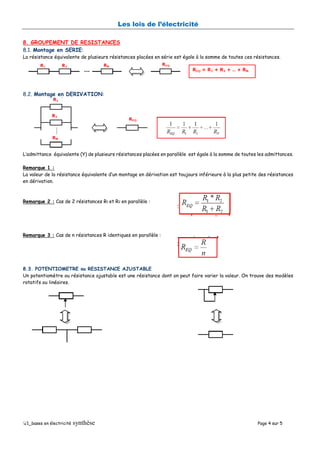 Les lois de l’électricité
1_bases en électricité synthèse Page 4 sur 5
8. GROUPEMENT DE RESISTANCES
8.1. Montage en SERIE:
La résistance équivalente de plusieurs résistances placées en série est égale à la somme de toutes ces résistances.
8.2. Montage en DERIVATION:
L’admittance équivalente (Y) de plusieurs résistances placées en parallèle est égale à la somme de toutes les admittances.
Remarque 1 :
La valeur de la résistance équivalente d’un montage en dérivation est toujours inférieure à la plus petite des résistances
en dérivation.
Remarque 2 : Cas de 2 résistances R1 et R2 en parallèle :
Remarque 3 : Cas de n résistances R identiques en parallèle :
8.3. POTENTIOMETRE ou RESISTANCE AJUSTABLE
Un potentiomètre ou résistance ajustable est une résistance dont on peut faire varier la valeur. On trouve des modèles
rotatifs ou linéaires.
 
