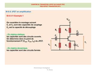CHAPITRE III: TRANSISTOR A EFFET DE CHAMP (TEC)
FIELD EFFECT TRANSISTOR (FET)
III-5-3/ JFET en amplification
Electronique Analogique
A. Aouaj
III-5-3-1/ Exemple 1
On considère le montage suivant
C1 et C2 sont des capacités de couplage
CS est la capacité de découplage
- En régime statique,
les capacités sont des circuits ouverts.
On détermine donc le point de
fonctionnement P (VGS0, VDS0, ID0) du JFET.
- En régime dynamique,
les capacités sont des circuits fermés
ve
vs
RD
RS CS
C2
C1
R2
R1
VDD
 