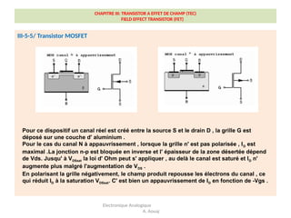CHAPITRE III: TRANSISTOR A EFFET DE CHAMP (TEC)
FIELD EFFECT TRANSISTOR (FET)
III-5-5/ Transistor MOSFET
Electronique Analogique
A. Aouaj
Pour ce dispositif un canal réel est créé entre la source S et le drain D , la grille G est
déposé sur une couche d' aluminium .
Pour le cas du canal N à appauvrissement , lorsque la grille n' est pas polarisée , ID est
maximal .La jonction n-p est bloquée en inverse et l' épaisseur de la zone désertée dépend
de Vds. Jusqu' à VDSsat la loi d' Ohm peut s' appliquer , au delà le canal est saturé et ID n'
augmente plus malgré l'augmentation de VDS .
En polarisant la grille négativement, le champ produit repousse les électrons du canal , ce
qui réduit ID à la saturation VDSsat. C' est bien un appauvrissement de ID en fonction de -Vgs .
 