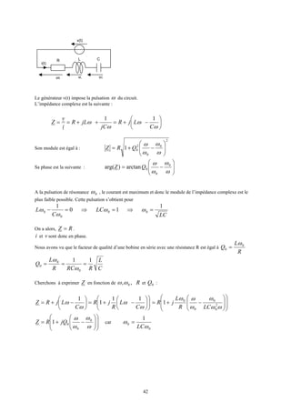 42
L
v(t)
C
vR
R
vL vC
i(t)
Le générateur v(t) impose la pulsation ω du circuit.
L’impédance complexe est la suivante :
Son module est égal à :
2
0
0
2
01 





−+=
ω
ω
ω
ω
QRZ
Sa phase est la suivante : 





−=
ω
ω
ω
ω 0
0
0arctan)arg( QZ
A la pulsation de résonance 0ω , le courant est maximum et donc le module de l’impédance complexe est le
plus faible possible. Cette pulsation s’obtient pour
LC
LC
C
L
1
10
1
00
0
0 =⇒=⇒=− ωω
ω
ω
On a alors, RZ = .
i et v sont donc en phase.
Nous avons vu que le facteur de qualité d’une bobine en série avec une résistance R est égal à
R
L
Q 0
0
ω
=
C
L
RRCR
L
Q
11
0
0
0 ===
ω
ω
Cherchons à exprimer Z en fonction de R,, 0ωω et 0Q :












−+=





−+=
ω
ω
ω
ω
C
L
R
jR
C
LjRZ
11
1
1














−+=
ωω
ω
ω
ωω
2
0
0
0
0
1
LCR
L
jR














−+=
ω
ω
ω
ω 0
0
01 jQRZ car
0
0
1
ω
ω
LC
=






−+=++==
ω
ω
ω
ω
C
LjR
jC
jLR
i
v
Z
11
 