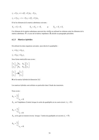 54
23131111 )( vYvYYivYi −+=+=
23213222 )( vYYvYivYi ++−=−=
D’où les éléments de la matrice admittance suivants :
3111 YYY += 32112 YYY −== et 3222 YYY +=
Ces éléments de la matrice admittance peuvent être vérifiés en utilisant les relations entre les éléments de la
matrice admittance Y et ceux de la matrice impédance Z calculés au paragraphe précédent.
6.2.3 Matrices hybrides
On utilisent les deux équations suivantes pour décrire le quadripôle :
2121111 vhihv +=
2221212 vhihi +=
Sous forme matricielle nous avons :












=





2
1
2221
1211
2
1
.
v
i
hh
hh
i
v






=





2
1
2
1
.
v
i
i
v
H
H est la matrice hybride de dimension 2x2
Les matrices hybrides sont utilisées en particulier dans l’étude des transistors.
Nous avons :
02
1
1
11
=
=
v
i
v
h
11h est l’impédance d’entrée lorsque la sortie du quadripôle est en court-circuit ( 02 =v )
01
2
1
12
=
=
i
v
v
h
12h est le gain en tension inverse lorsque l’entrée du quadripôle est ouverte ( 01 =i )
02
1
2
21
=
=
v
i
i
h
 
